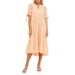 Best Sale 😀 ENGLISH FACTORY 👩 women Gingham Tiered Midi 👗 Dress with Bow Tie Sleeves 🤩