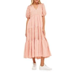 Best Pirce 👍 ENGLISH FACTORY 👩 women Gingham Check Combination Midi 👗 Dress 🔥