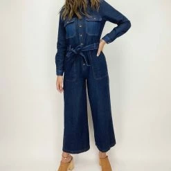 New 🛒 Frnch 👩 women Sandrine Woven Jumpsuit in Blue Jean 😀