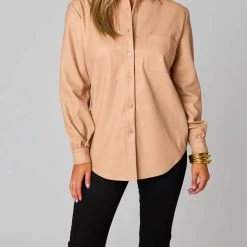 Discount ⌛ Buddylove 👩 women Brielle Vegan Leather Button Up 👕 Shirt in Espresso 🛒