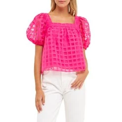 New ⌛ ENGLISH FACTORY 👩 women Organza Gridded Square Neck Crop Top 👍