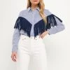 Best Pirce 🧨 English Factory 👩 women Fringe Detail Stripe 👕 Shirt 😉