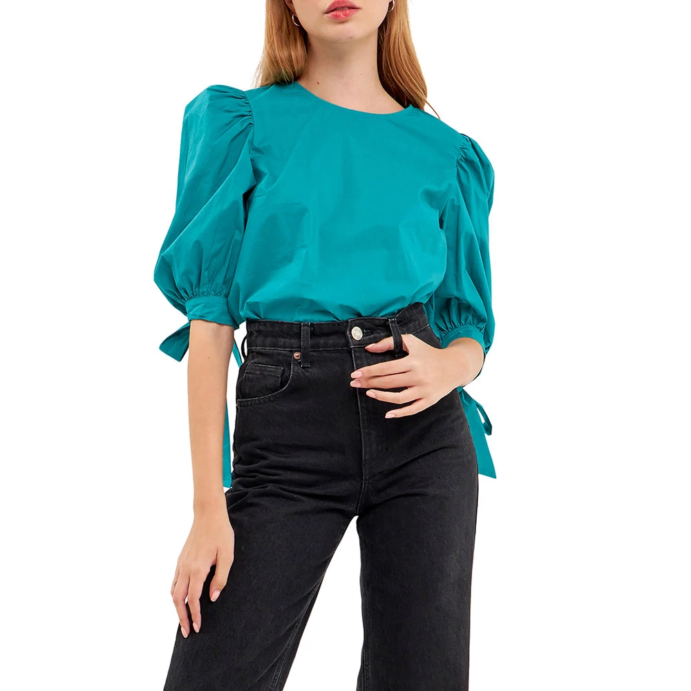 Budget ✔️ ENGLISH FACTORY 👩 women Bow Banded Puff Sleeve Blouse 🔥 1 Budget ✔️ ENGLISH FACTORY 👩 women Bow Banded Puff Sleeve Blouse 🔥