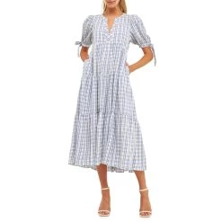 New ⭐ ENGLISH FACTORY 👩 women Gingham Tiered 👗 Dress with Bow-Tie Sleeves 👍