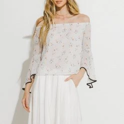 Outlet 👏 English Factory 👩 women Daisy Sketch Printed Off the Shoulder Top 👍