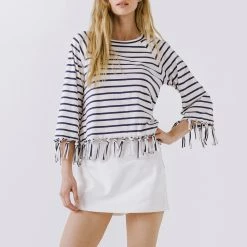 Hot Sale 🛒 English Factory 👩 women Strip Top with Fringe Detail 🤩