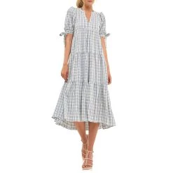 Buy 😀 ENGLISH FACTORY 👩 women Gingham Tiered 👗 Dress with Bow-Tie Sleeves 😀
