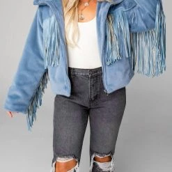 Promo 🤩 Buddylove 👩 women Skylar Fringe Faux Fur Jacket in Light Blue 💯