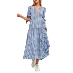 Top 10 ❤️ ENGLISH FACTORY 👩 women Gingham Tiered 👗 Dress with Bow-Tie Sleeves 🌟