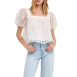 Cheap Buddylove Store 20 Hot Sale ๐งจ ENGLISH FACTORY ๐ฉ women Organza Gridded Square Neck Crop Top ๐งจ