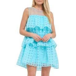 New 🎁 ENGLISH FACTORY 👩 women Organza Gridded Tiered Sleeveless Mini 🎉