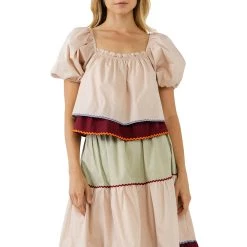 Deals ❤️ ENGLISH FACTORY 👩 women Colorblock Rickrack Trim Puff Sleeve Top ⌛