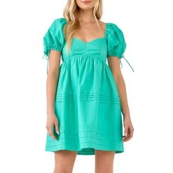 Outlet 🥰 ENGLISH FACTORY 👩 women Pleated Detail Puff Sleeve Mini 👗 Dress 💯