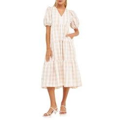 Best deal ✔️ ENGLISH FACTORY 👩 women Gingham Puff Sleeve Tiered Midi 🔥